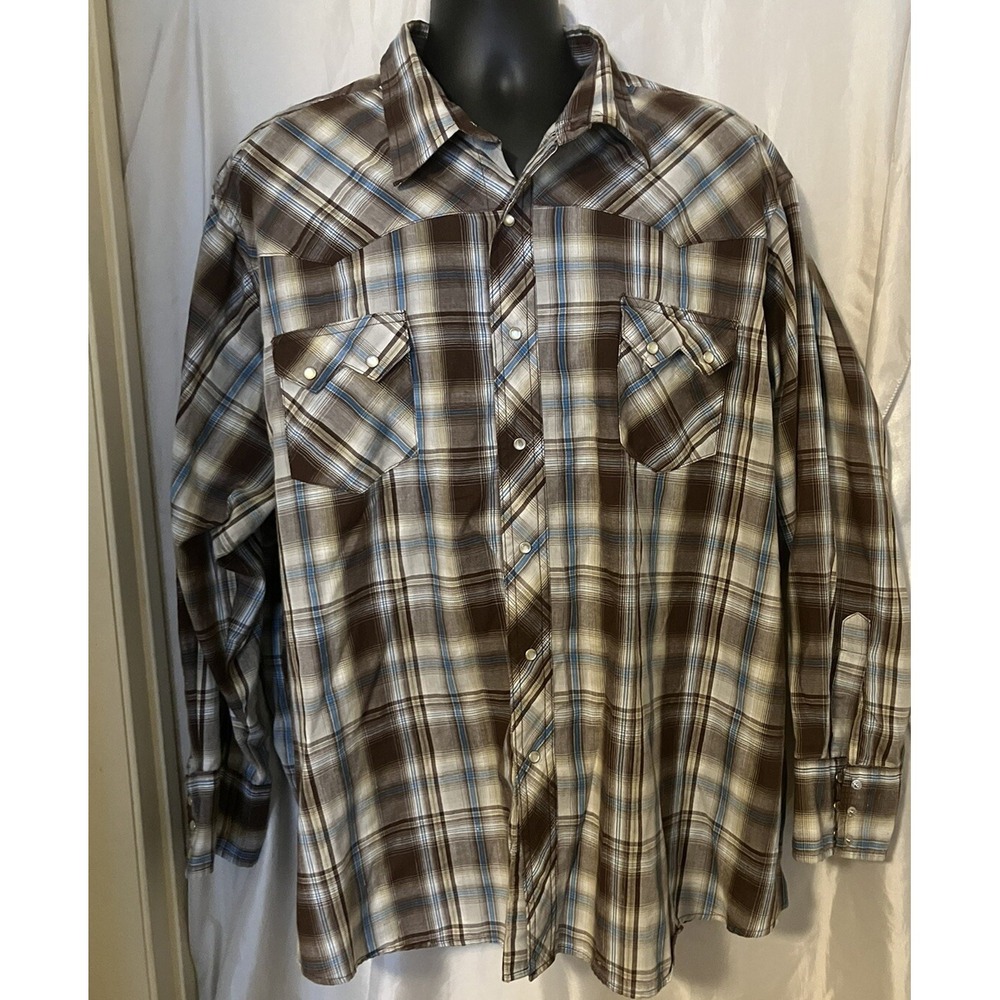 Wrangler Western Fashion 3XL Mens Shirt Pearl Snap LS Blue Brown Plaid Pockets